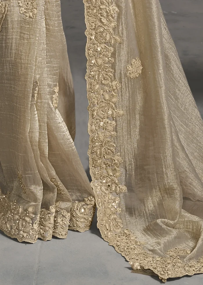 Embroidered Beige Tissue Silk Saree