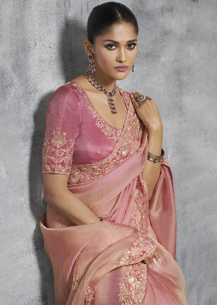 Embroidered Blush Pink Tissue Silk Saree