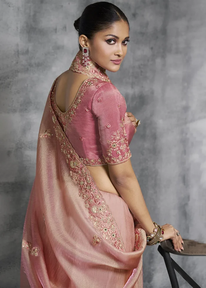 Embroidered Blush Pink Tissue Silk Saree