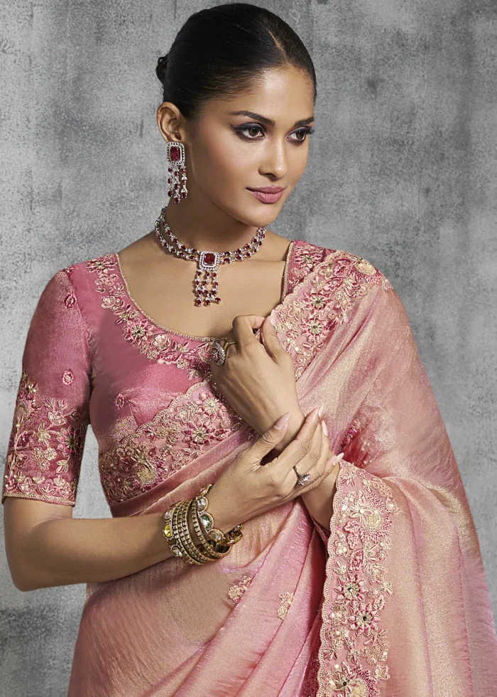 Embroidered Blush Pink Tissue Silk Saree