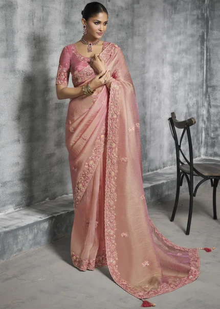 Embroidered Blush Pink Tissue Silk Saree