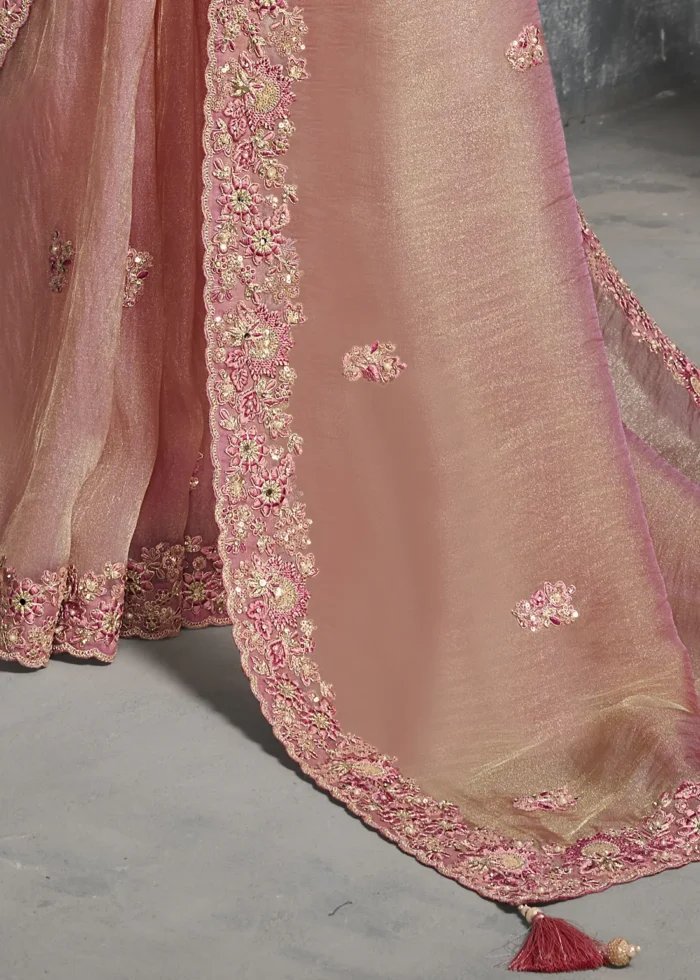Embroidered Blush Pink Tissue Silk Saree