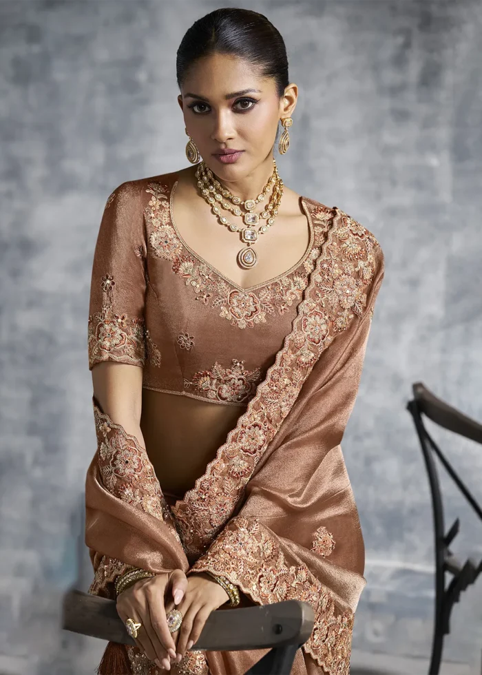 Embroidered Coffee Brown Tissue Silk Saree