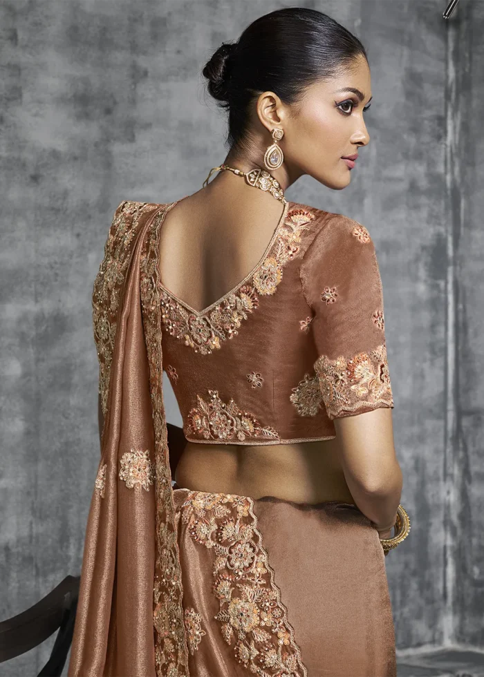 Embroidered Coffee Brown Tissue Silk Saree