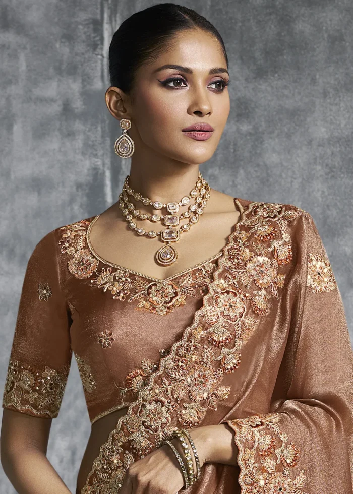 Embroidered Coffee Brown Tissue Silk Saree