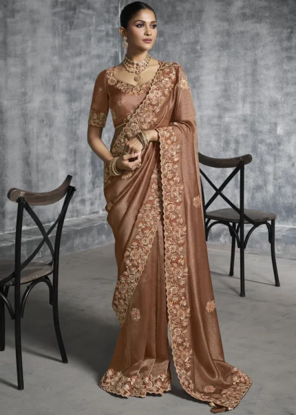 Embroidered Coffee Brown Tissue Silk Saree