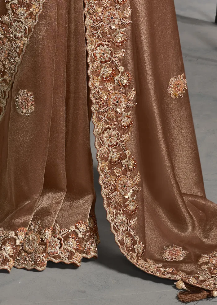 Embroidered Coffee Brown Tissue Silk Saree
