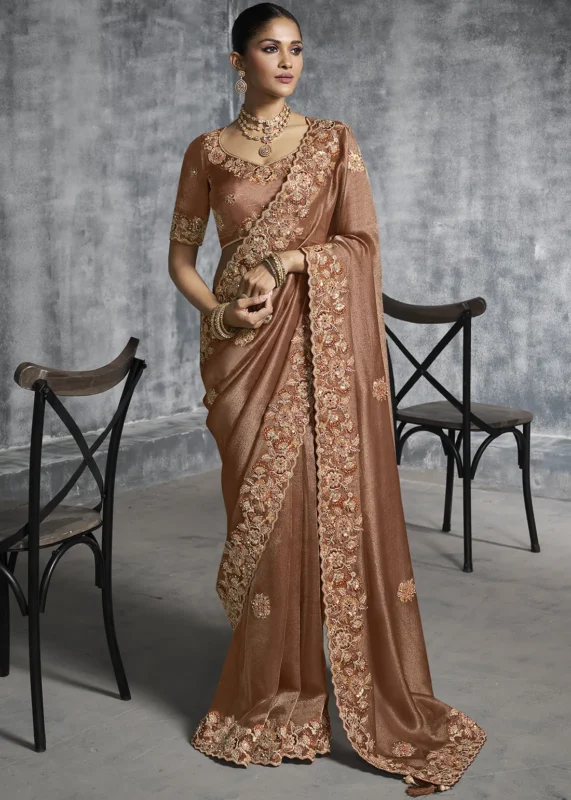 Embroidered Coffee Brown Tissue Silk Saree