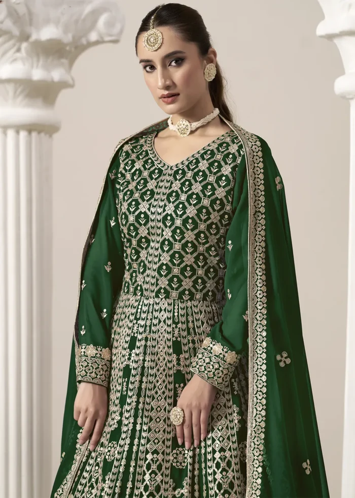 Embroidered Dark Green Georgette Anarkali Suit