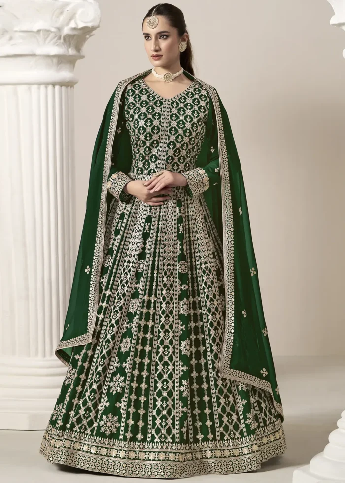 Embroidered Dark Green Georgette Anarkali Suit