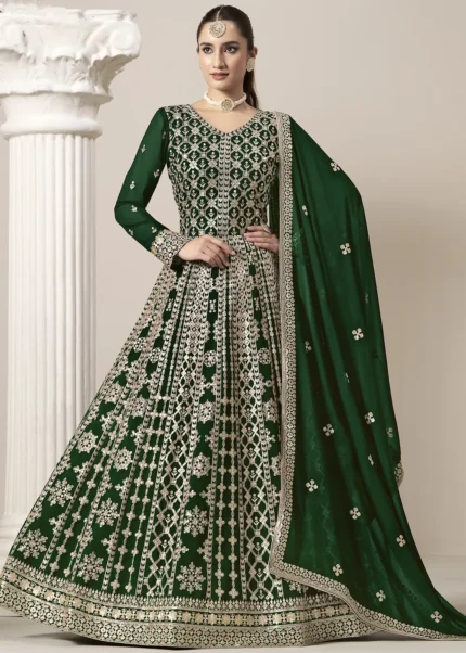 Embroidered Dark Green Georgette Anarkali Suit