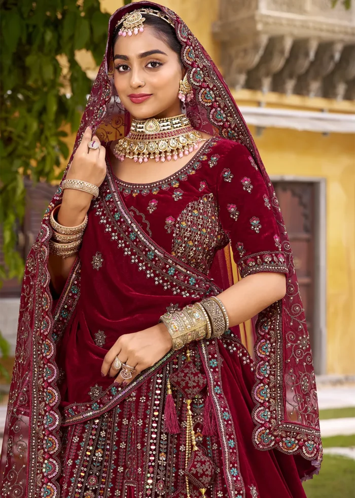 Embroidered Deep Maroon Velvet Bridal Lehenga