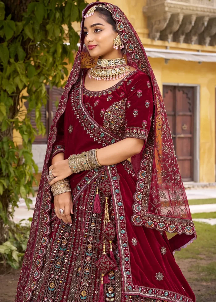 Embroidered Deep Maroon Velvet Bridal Lehenga