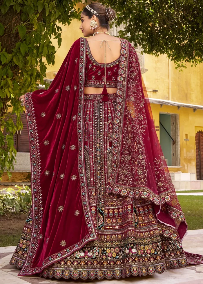 Embroidered Deep Maroon Velvet Bridal Lehenga