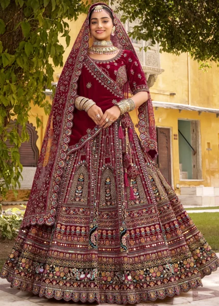 Embroidered Deep Maroon Velvet Bridal Lehenga