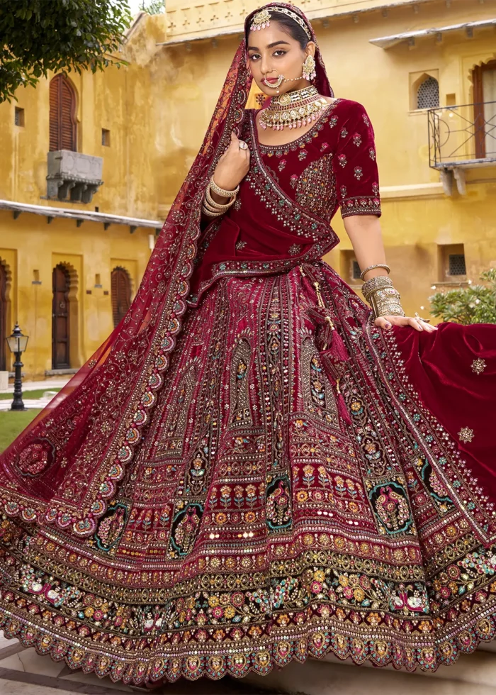 Embroidered Deep Maroon Velvet Bridal Lehenga