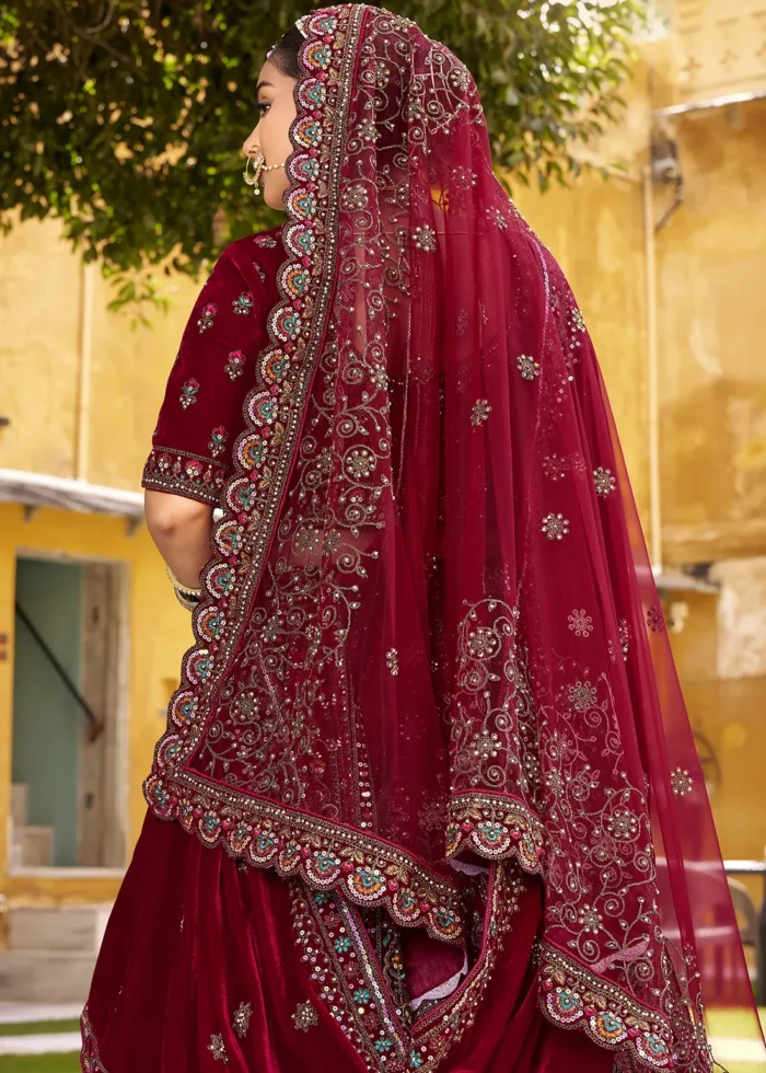 Embroidered Deep Maroon Velvet Bridal Lehenga