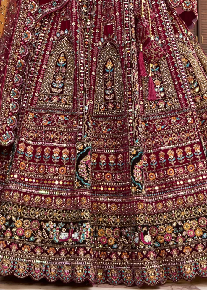 Embroidered Deep Maroon Velvet Bridal Lehenga