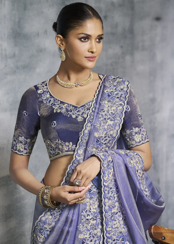 Embroidered Lavender Tissue Silk Saree