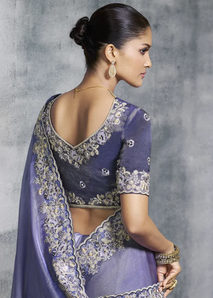 Embroidered Lavender Tissue Silk Saree