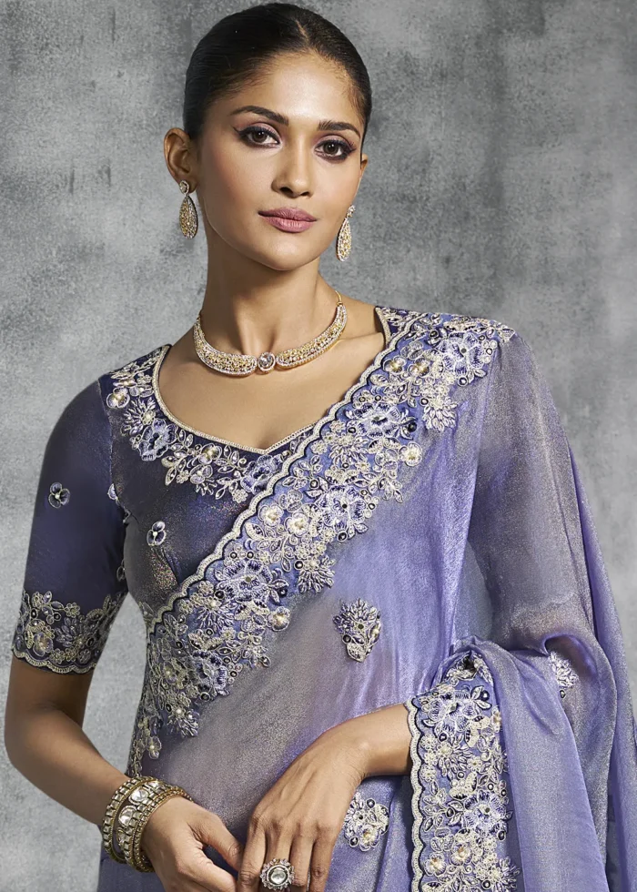 Embroidered Lavender Tissue Silk Saree