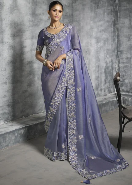 Embroidered Lavender Tissue Silk Saree