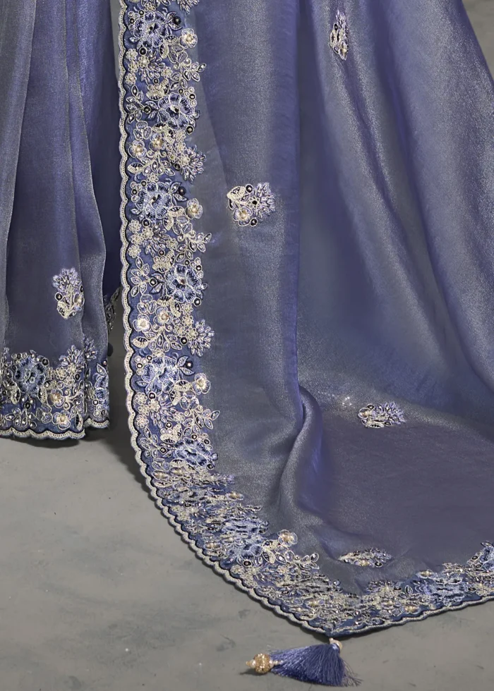 Embroidered Lavender Tissue Silk Saree