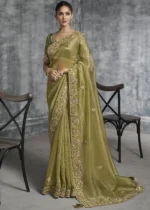 Embroidered Light Olive Green Tissue Silk Saree