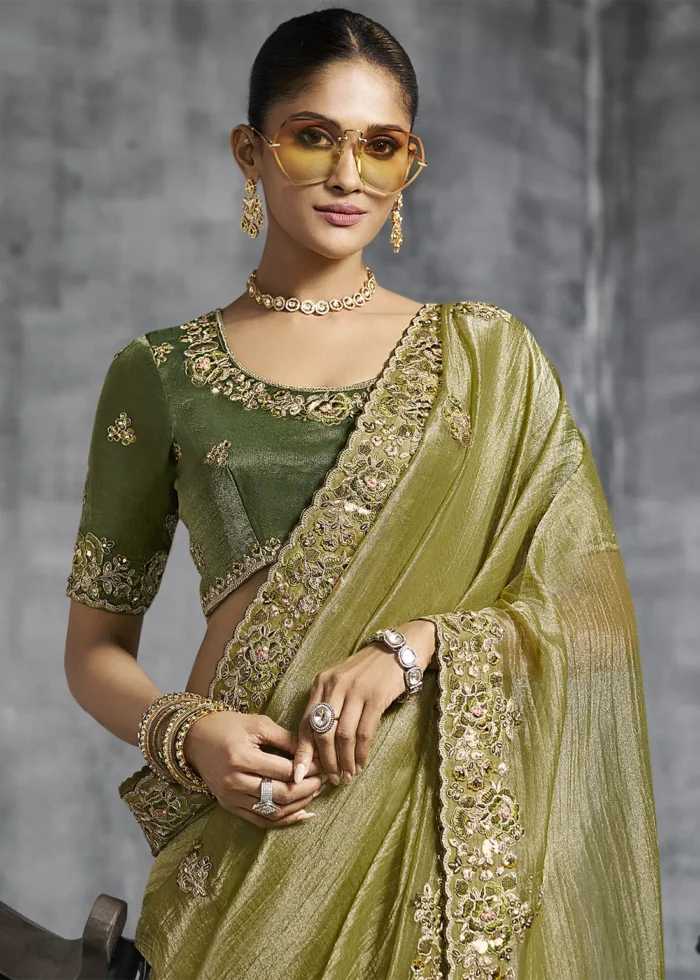Embroidered Light Olive Green Tissue Silk Saree