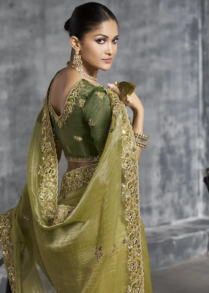 Embroidered Light Olive Green Tissue Silk Saree