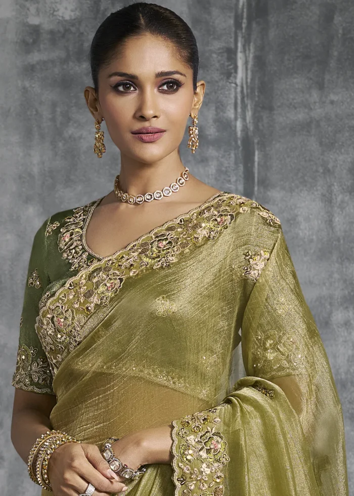 Embroidered Light Olive Green Tissue Silk Saree