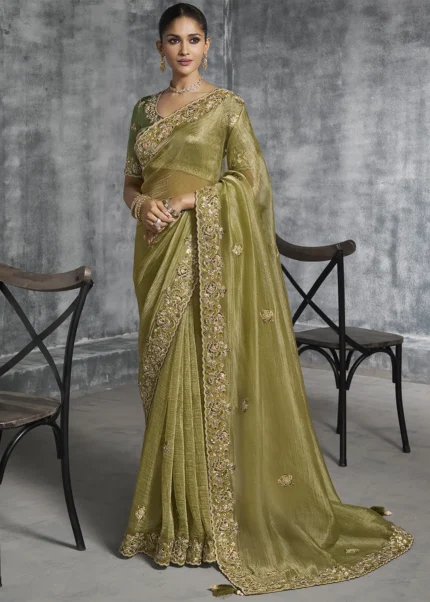 Embroidered Light Olive Green Tissue Silk Saree
