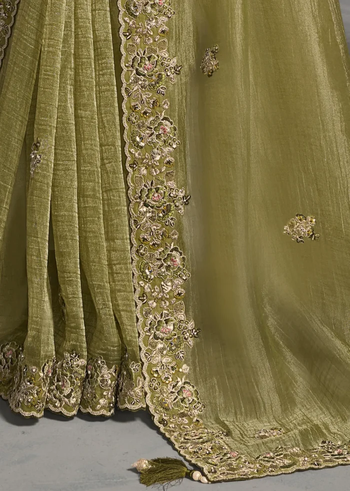 Embroidered Light Olive Green Tissue Silk Saree