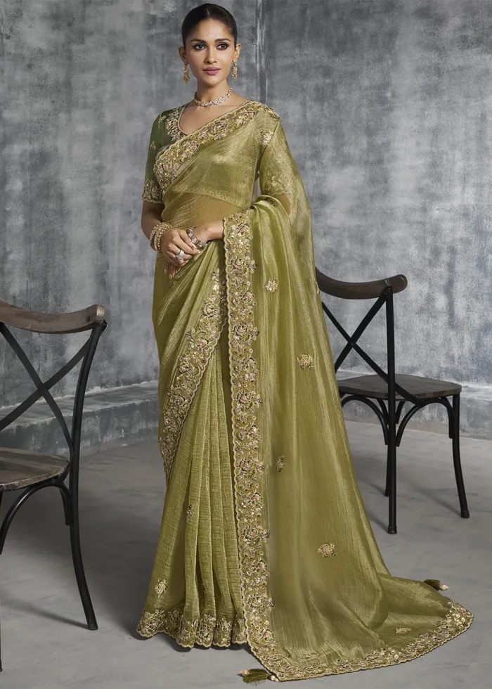 Embroidered Light Olive Green Tissue Silk Saree