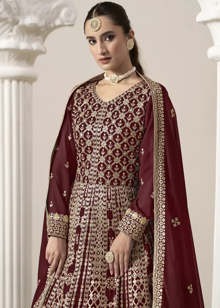 Embroidered Maroon Georgette Anarkali Suit