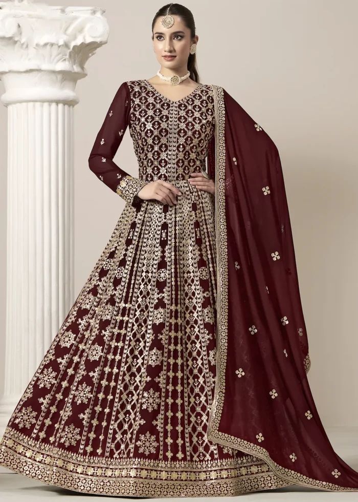 Embroidered Maroon Georgette Anarkali Suit