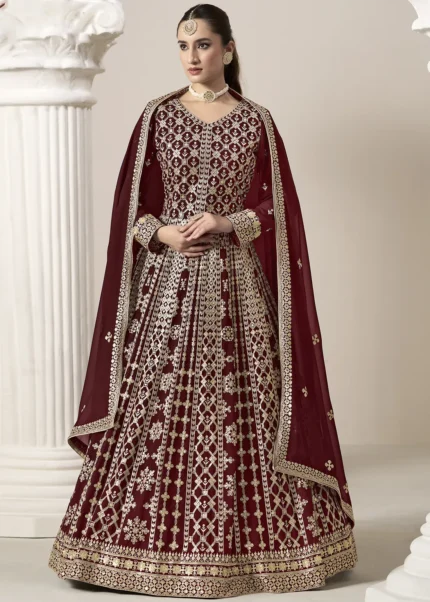 Embroidered Maroon Georgette Anarkali Suit
