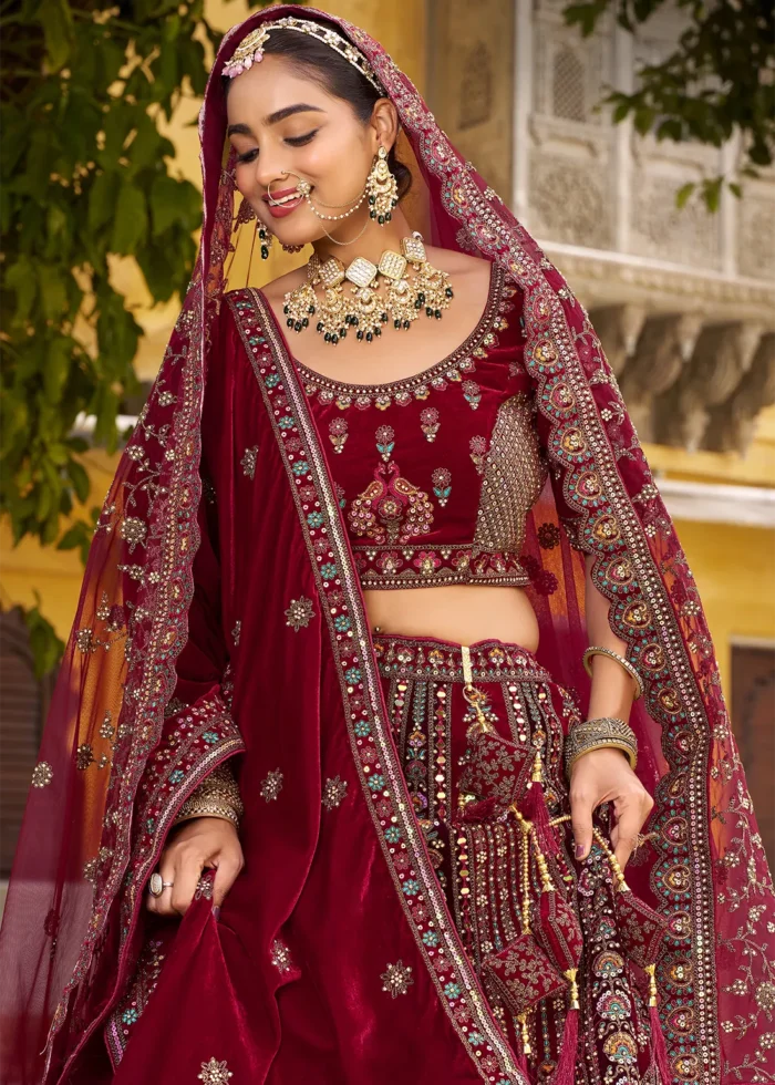 Embroidered Maroon Velvet Bridal Lehenga
