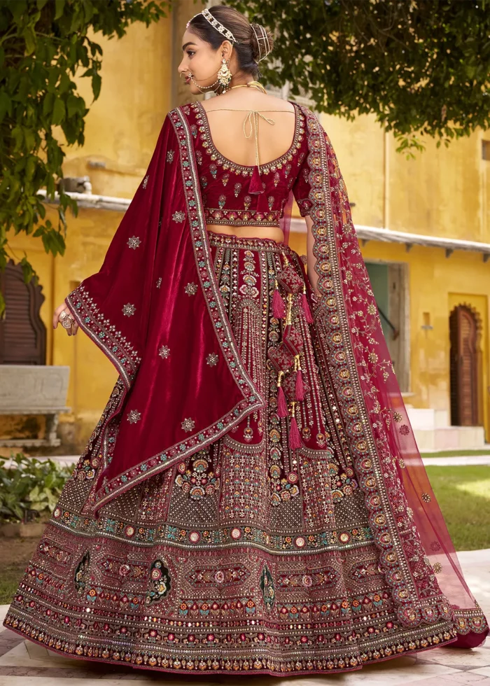 Embroidered Maroon Velvet Bridal Lehenga
