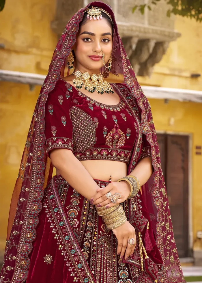 Embroidered Maroon Velvet Bridal Lehenga
