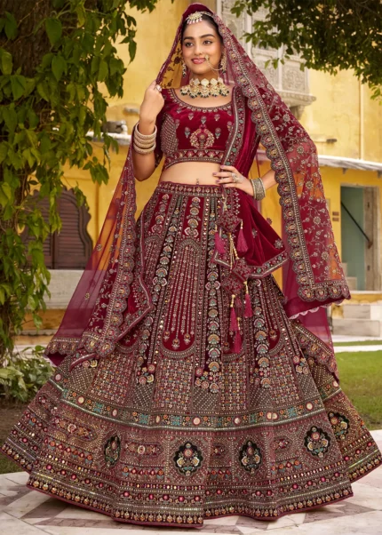 Embroidered Maroon Velvet Bridal Lehenga