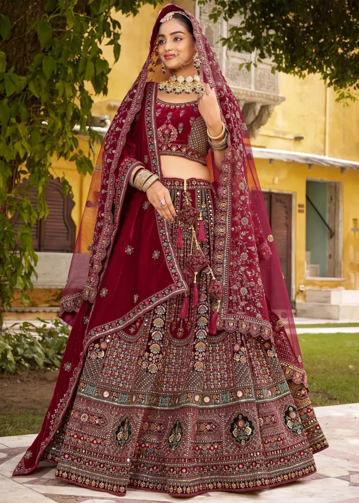 Embroidered Maroon Velvet Bridal Lehenga