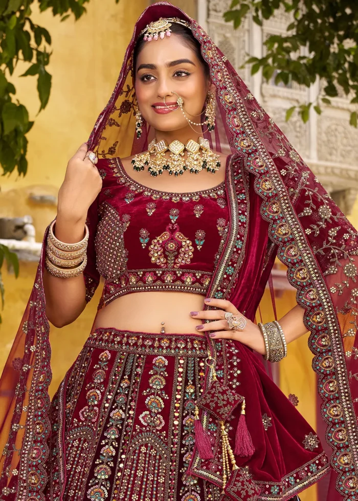 Embroidered Maroon Velvet Bridal Lehenga
