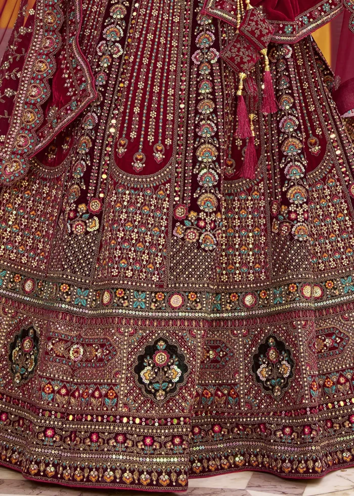 Embroidered Maroon Velvet Bridal Lehenga