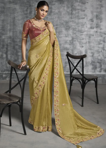Embroidered Mustard Yellow Tissue Silk Saree