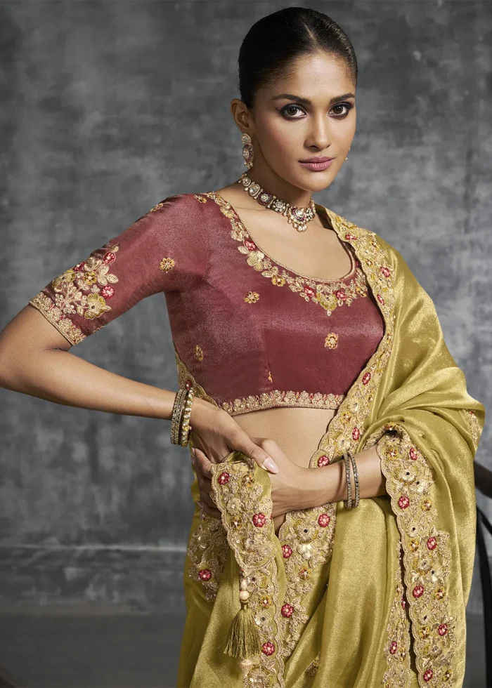 Embroidered Mustard Yellow Tissue Silk Saree