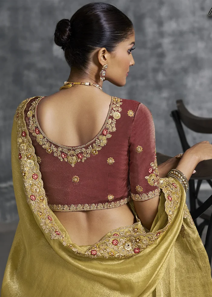 Embroidered Mustard Yellow Tissue Silk Saree