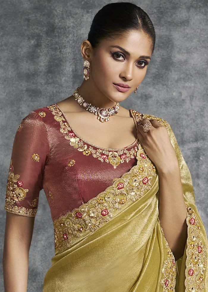 Embroidered Mustard Yellow Tissue Silk Saree
