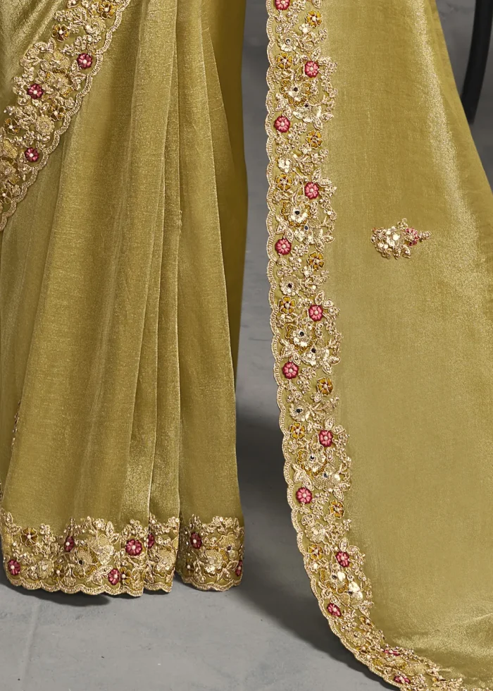 Embroidered Mustard Yellow Tissue Silk Saree