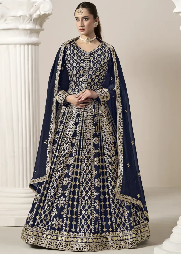 Embroidered Navy Blue Georgette Anarkali Suit
